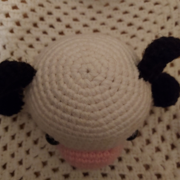 Vintage Handmade Crochet Cow Pig Lovey Blanket Stuffed Animal Black White Pink - Picture 7 of 10